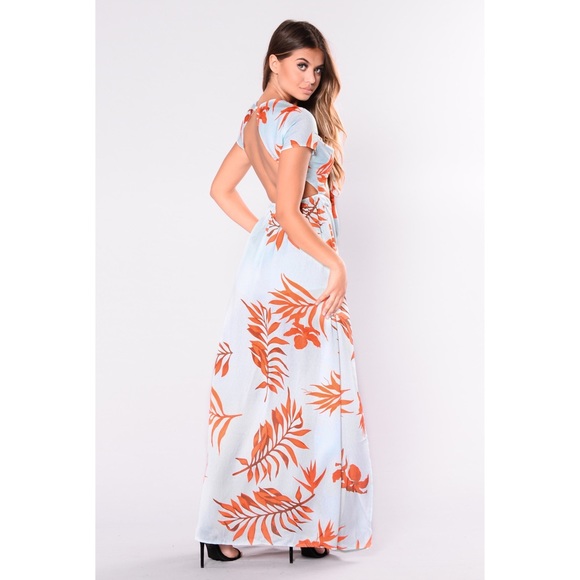 Latiste Mint Blue/Tropical Leaf Orange Island Hop Cut Out Maxi Dress. NWT Size S - Picture 5 of 13